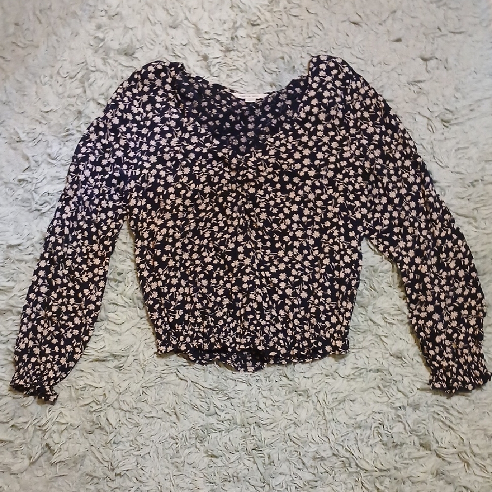 American Eagle Outfitters Black Long-Sleeve Floral Smocked Top with Pink Print